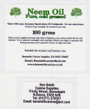 A Neem Oil Label for plastic bottles (60mm x 75mm) plus an address label (21mm x 46mm).
